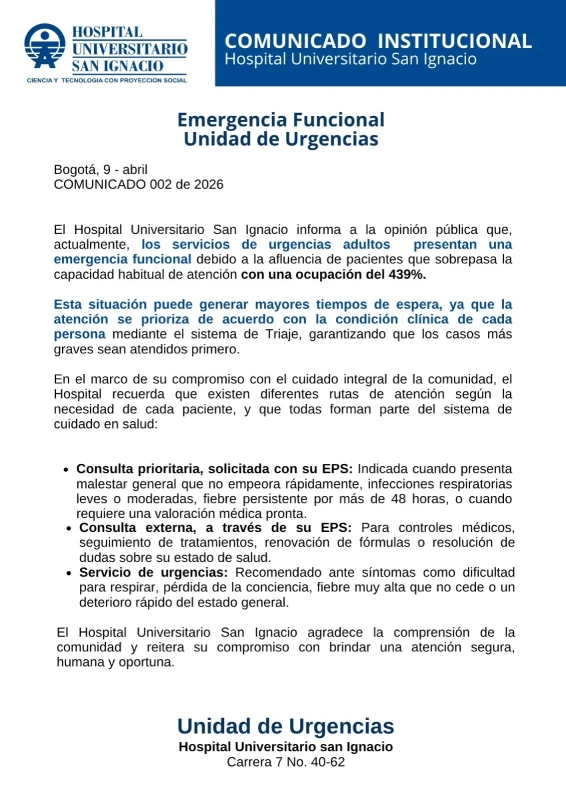 Comunicado por alta afluencia en urgencias (9 abril 2026)